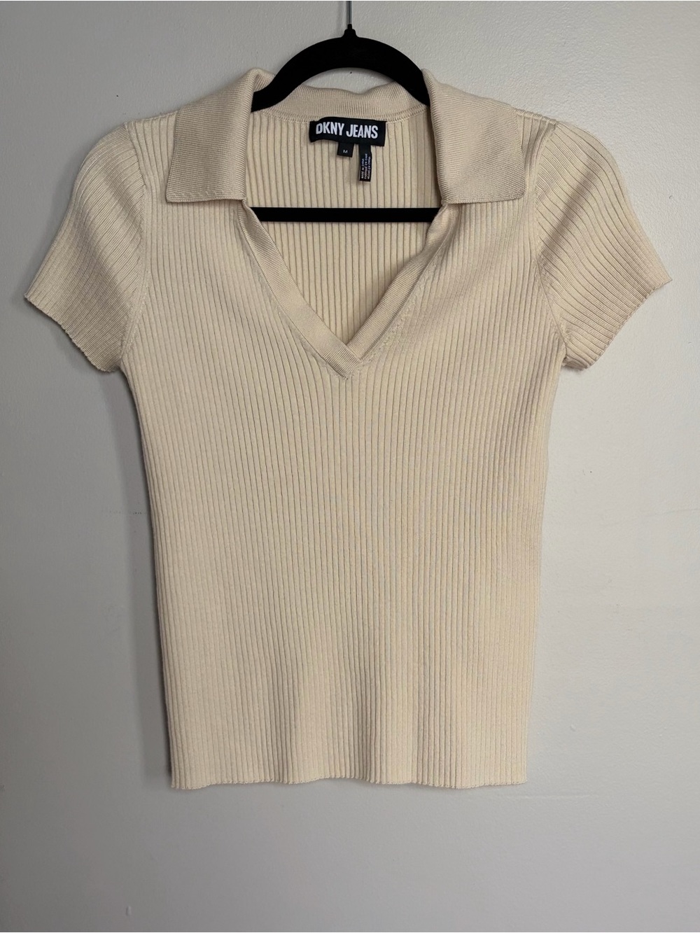 DKNY Cream Ribbed Short-Sleeve Polo Top | Fitted Collared Monochrome V-Neck